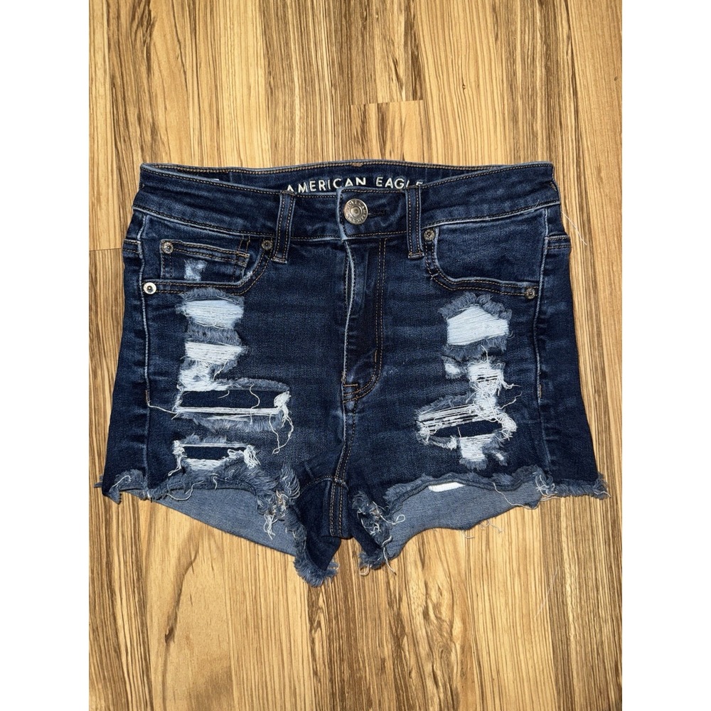 American Eagle Hi Rise Shortie Shorts Women's‎ Size 2 Distressed Jean Denim